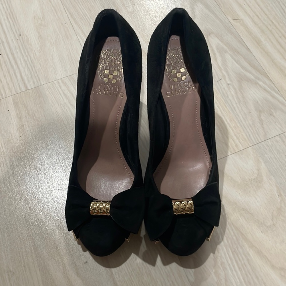 Vince Camuto Black Suede Heels with Bow.